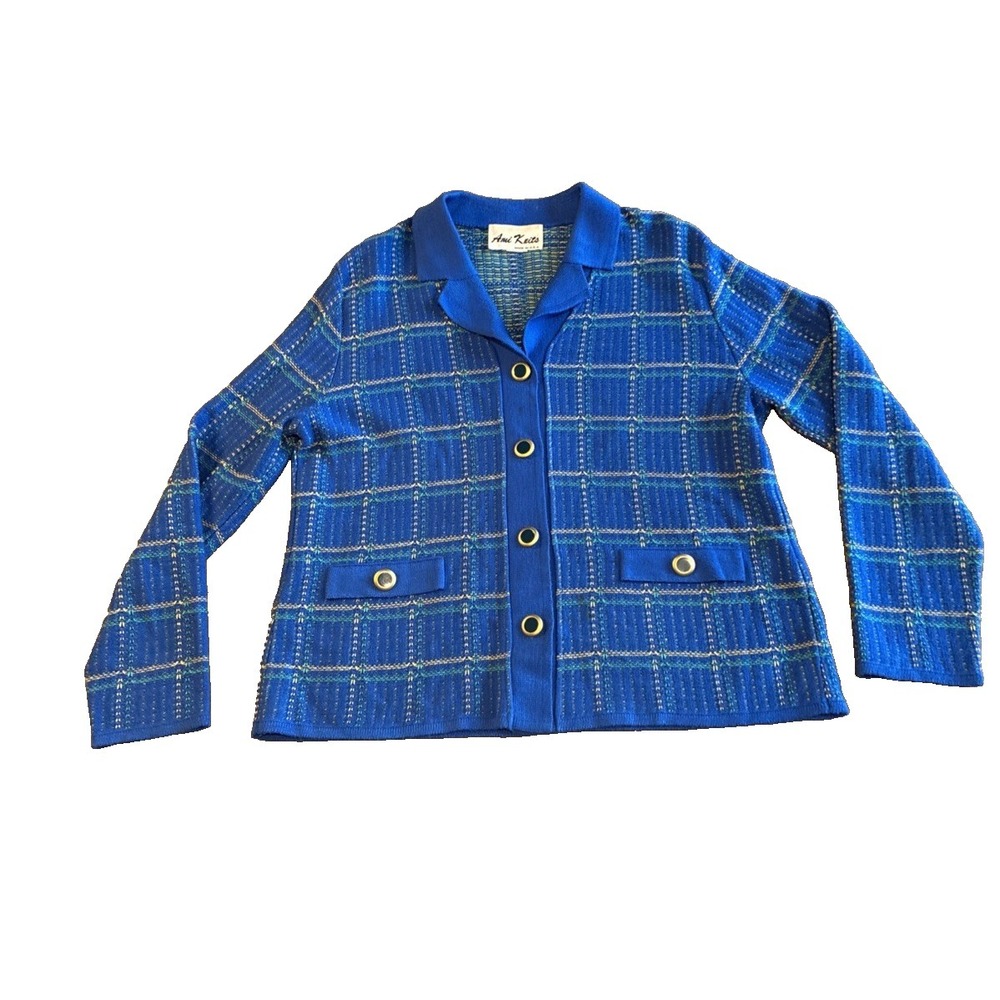 Ami Knits Women's Jacket Blue Grid Pattern Cardigan Jacket Retro Grandmacore 90s